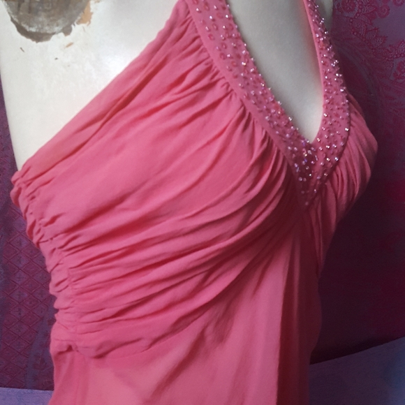 2/$35 Bebe Coral Pink Beaded Ruched Silk Halter Top - Picture 9 of 16